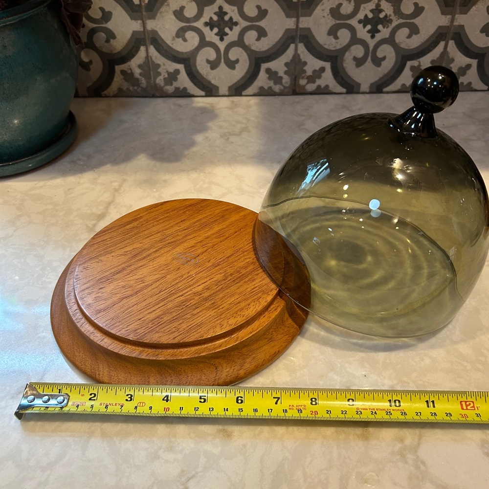 Mid-Century Modern Smoky Glass Dome Cloche with Wooden Base-EUC - Picture 2 of 9